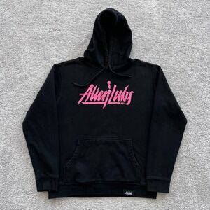 Alien Labs Hoodie Mens Medium Black Pink Logo Graphic Fleece Pullover Front
